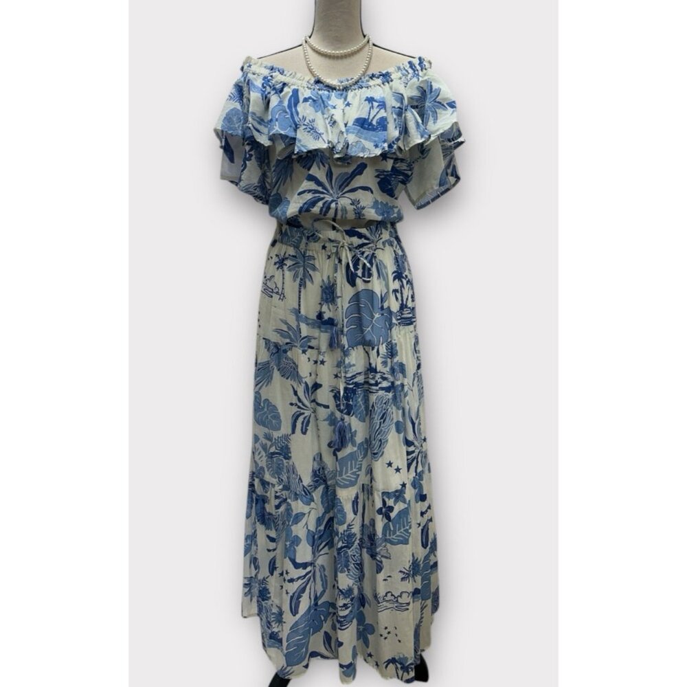 Nicole Miller Blue and White Floral Off-Shoulder Maxi Dress